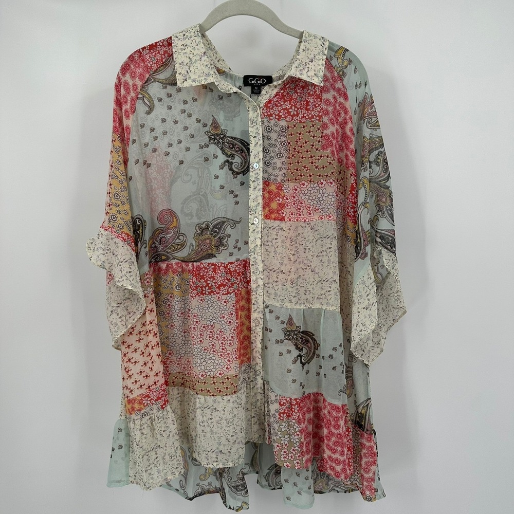 Womens Boho Cottagecore Patchwork Tunic Top Size M Paisley Floral Gypsy Ruffle